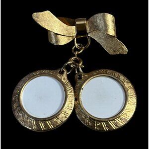 Vintage Gold-Tone Bow Pin With Dangling Double Photo Lockets